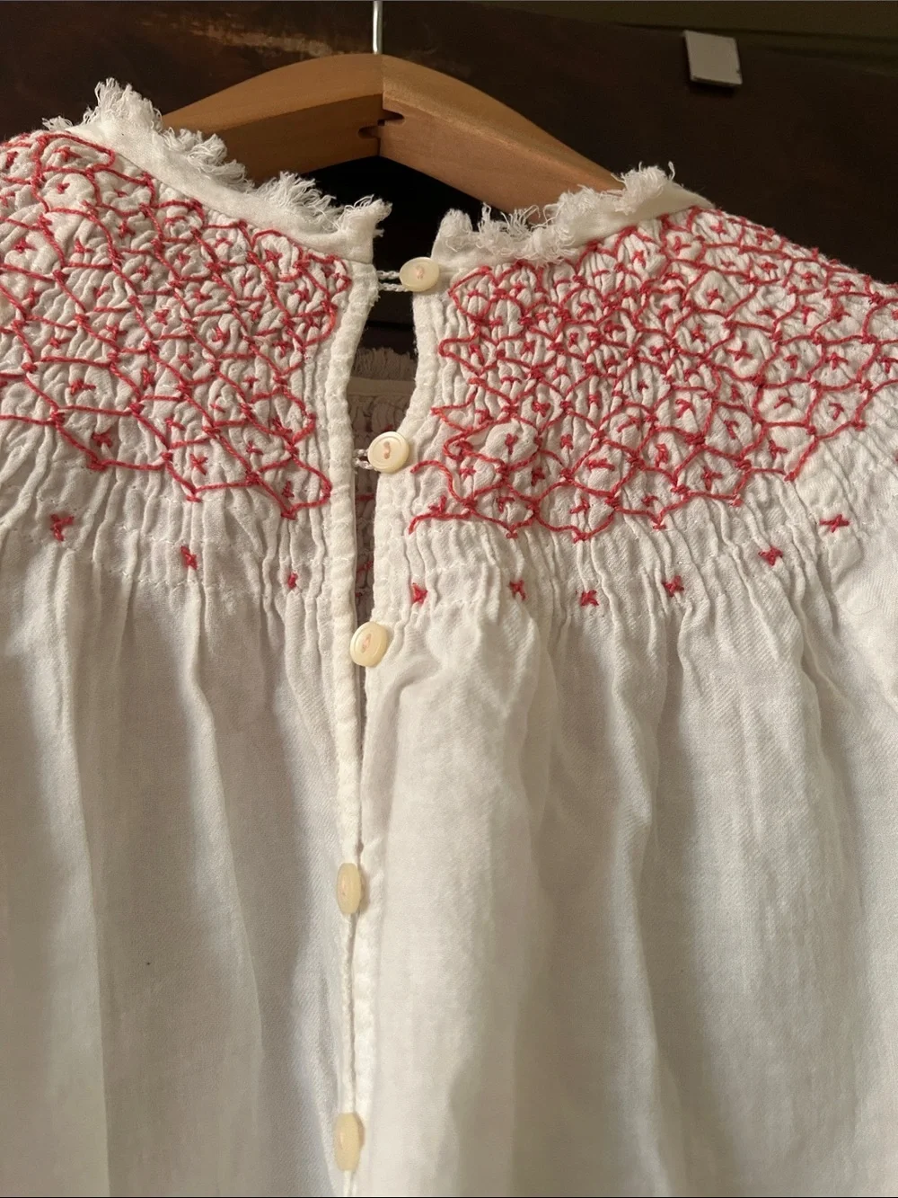 White Long-Sleeve Smocked Peasant Top with Pink Embroidery - Picture 6 of 10